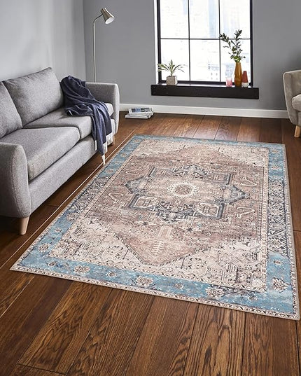 GLN Rugs Traditional Collection - Machine Washable Area Rug, Traditional Washable, Non Slip, Low Pile Chenille Rug, Living Room, Bedroom, Kitchen Rug (5'x7' Brown/Blue)