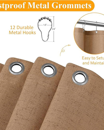 Naturoom Camel 36 Inch Shower Curtain - Stall Narrow Half Linen Ultra Thick Fabric Shower Curtain Set with Hooks, Boho Farmhouse Rustic RV Camper Bath Curtains for Bathroom, 36x72