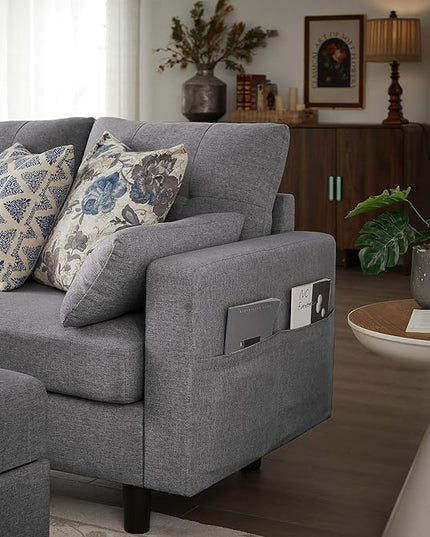 101" Sectional Sofa 4 Seat U Shaped Couch with Storage Ottoman for Living Room, Reception Room ect, Combination Sectional Couch with Movable Ottoman Sets, LightGrey