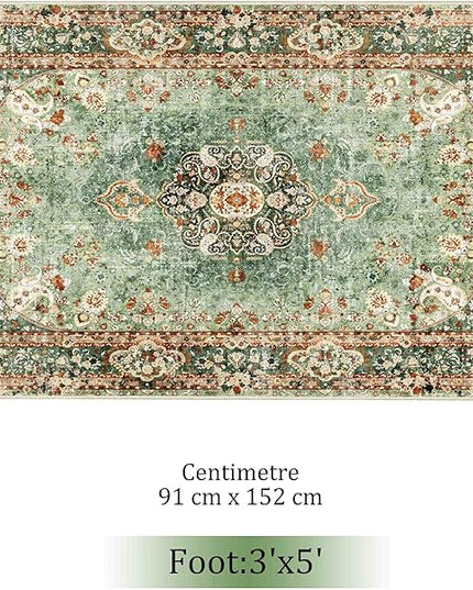Green Rug 3x5,Washable Area Rugs for Bedroom Living Room Kitchen Entryway,Small Boho Vintage Bohemian Distressed Oriental Non Slip Carpet