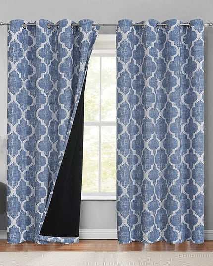 Beauoop 100% Blackout Curtains 96 Inches Long 2 Panels for Bedroom Living Room Blue Moroccan Geo Room Darkening Thermal Insulated Soundproof Grommet Top Window Treatments Drapes, 50x96 Set of 2