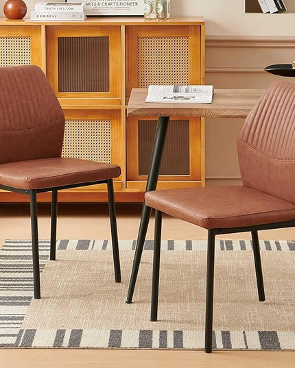 Dining Chairs Set of 2, Brown PU Leather Dining Chairs, Comfortable Upholstered Armless Kitchen Chairs with Black Metal Legs for Living Room, Dining Room, Kitchen