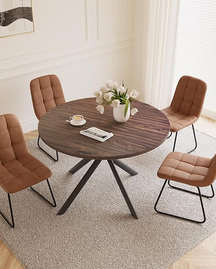 45.3 Inch Round Dining Table Set for 4, Mid Century Modern Small Coffee Set for Dining Room Kitchen Apartment (Dark Walnut Table + 4 U-Shaped Brown Chairs)