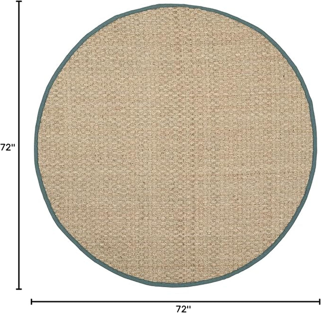 SAFAVIEH Area Rug 6' Round - Natural Fiber Collection - Natural & Light Blue, Seagrass, Basketweave Pattern with Border (NF114M)