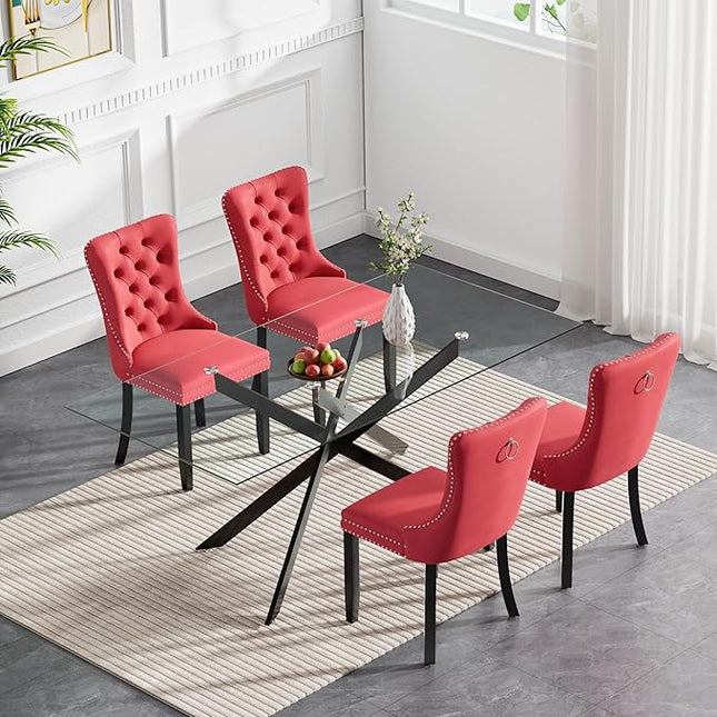 Modern 5-Piece Glass Dining Table Set for 4, Modern 60" Rectangle Black Glass Dining Room Table Set with Burgundy Velvet Tufted Chairs Wood Legs for Kitchen Dining Room