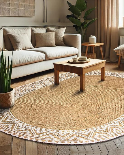 voyzz home 5x8 Feet-Oval, Premium Natural Jute Braided Area Rug, White Printed Border, Stain Resistance, Natural Brown, Handmade Rug for Entryways, Living Room, Dining Room, Bedroom, Office, Farmhouse