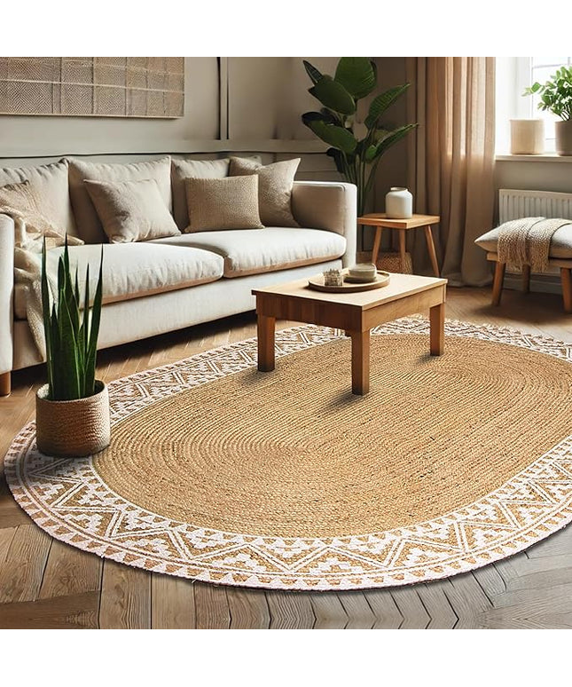 voyzz home 5x8 Feet-Oval, Premium Natural Jute Braided Area Rug, White Printed Border, Stain Resistance, Natural Brown, Handmade Rug for Entryways, Living Room, Dining Room, Bedroom, Office, Farmhouse