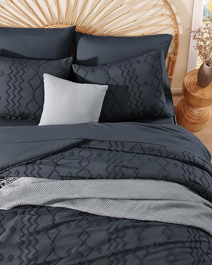 Queen Comforter Set Navy Blue, Tufted Boho Bedding Farmhouse Bed Set, All Season 7 Pieces Bed in a Bag with Sheets, Pillowcases & Shams