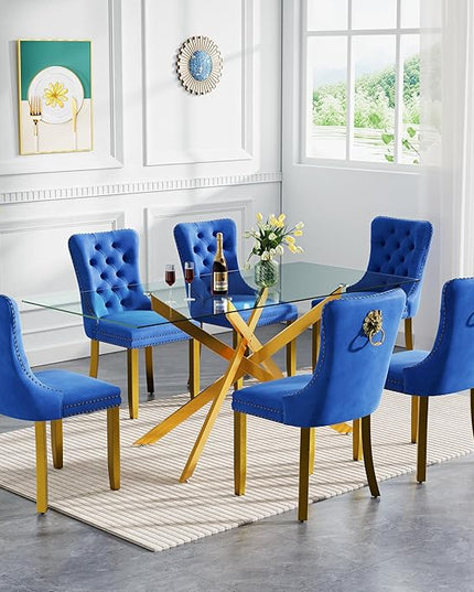 HomVent 7 Piece Rectangular Glass Dining Table Set, Tempered Glass Dinner Table Set for 6 Kitchen Table Set with 6 Velvet Upholstered Chairs for Kitchen Dining Room