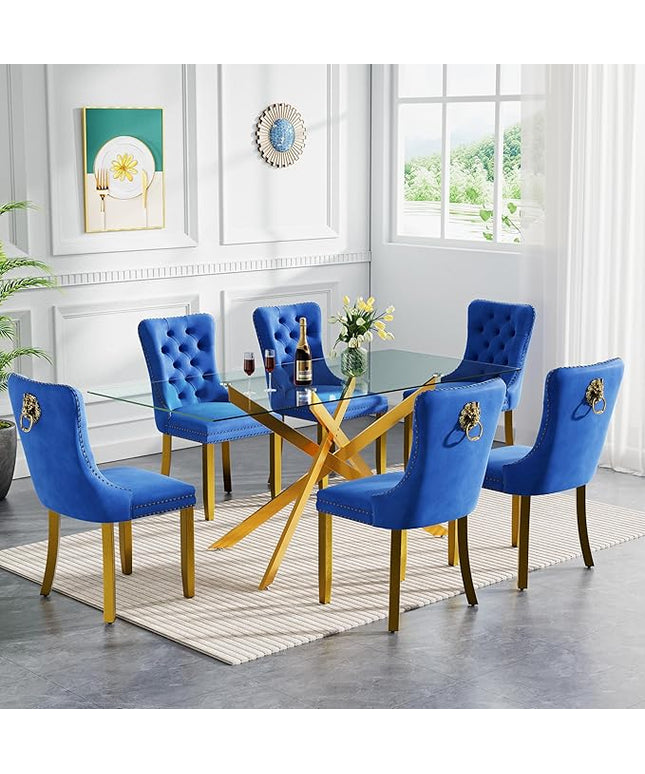 Modern 7-Piece Glass Dining Table Set for 6, Modern 60" Rectangle Gold Glass Dining Room Table Set with Blue Velvet Tufted Chairs Wood Legs for Kitchen Dining Room