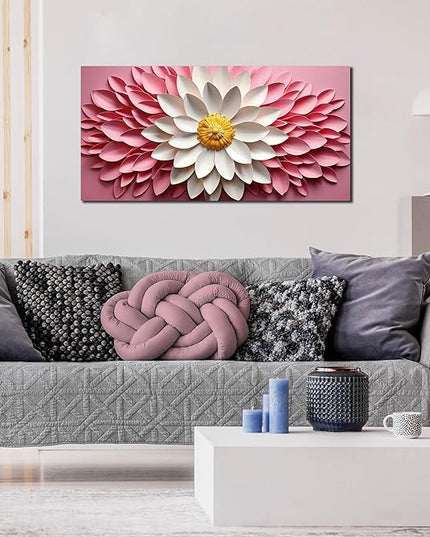 Ouzzlie Pink Wall Picture for Bedroom Flower Wall Decor White Canvas Wall Art Floral Artwork for Living Room Office 20" x 40"