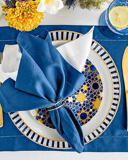 Solino Home Linen Placemats Set of 4 - Classic Hemstitch Indigo Blue Placemats 14 x 19 Inch - 100% Pure Linen Table Mats for Christmas, Holiday, Winter, New Year