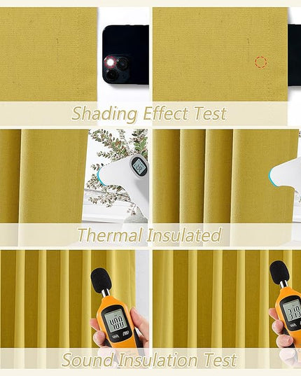 Guken 100% Blackout Curtains 120 Inch Length 2 Panels Set for Living Room Bedroom Back Tab Thermal Insulated Black Out Linen Drapes Room Darkening Celery Yellow,52x120