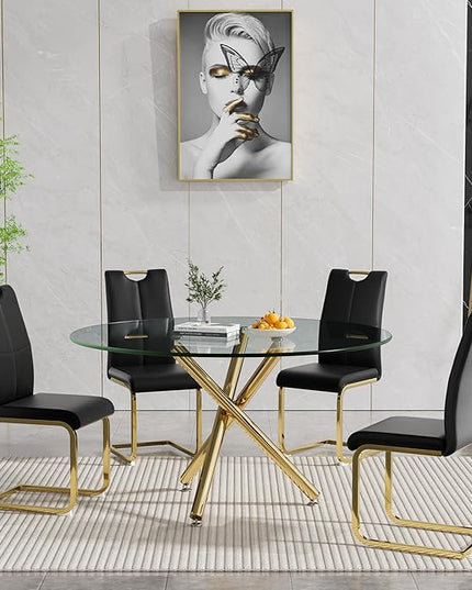 HomVent Round Glass Dining Table Set for 4, 5-Piece Modern Kitchen Table Set with 4 PU Upholstered Chair for Kitchen Dining Room, Glass Dining Room Table Set
