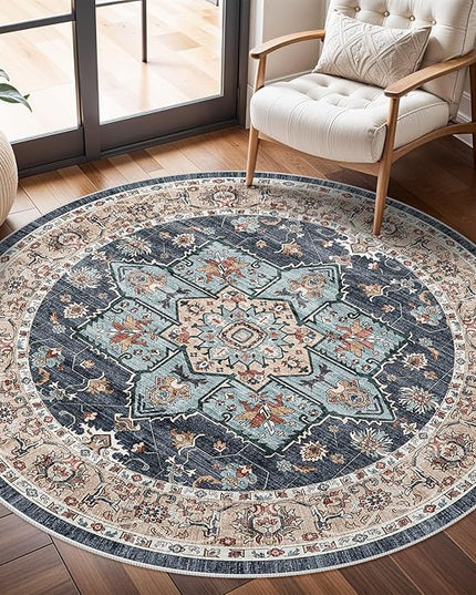 Washable Oriental Area Rug - 4ft Round Rugs for Living Room Soft Carpet for Bedroom Waterproof Floral Distressed Indoor Stain Resistant Non-Shedding Floor Carpets (Blue/Teal/Orange, 4ft-Round)
