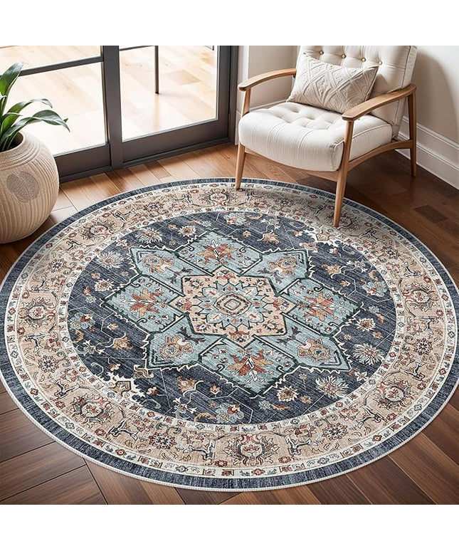 Washable Oriental Area Rug - 4ft Round Rugs for Living Room Soft Carpet for Bedroom Waterproof Floral Distressed Indoor Stain Resistant Non-Shedding Floor Carpets (Blue/Teal/Orange, 4ft-Round)