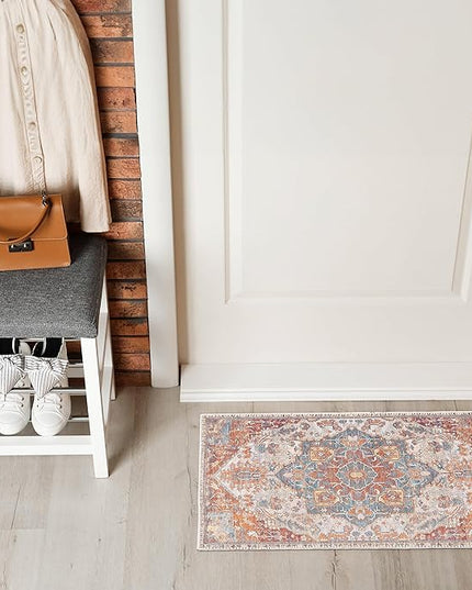 GLN Rugs Traditional Collection - Machine Washable Area Rug, Traditional Washable, Non Slip, Low Pile Chenille Rug, Living Room, Bedroom, Kitchen Rug (2'x3' Cream/Terra)