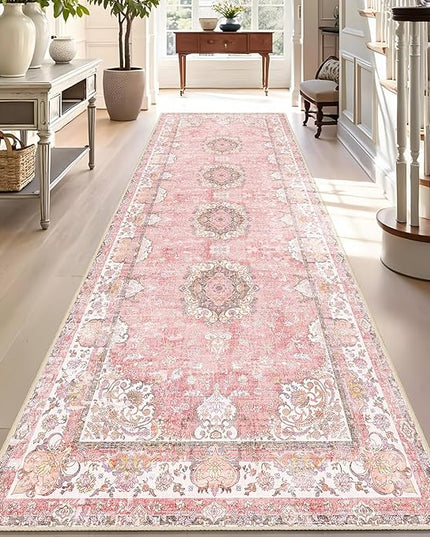 Washable Runner Rug 2'x8',Pink Rug Runners Non Slip,Long Boho Rugs for Hallways Kitchen Bathroom Bedroom Entryway,Vintage Bohemian Distressed Floor Carpet,Blush Floral Flowers