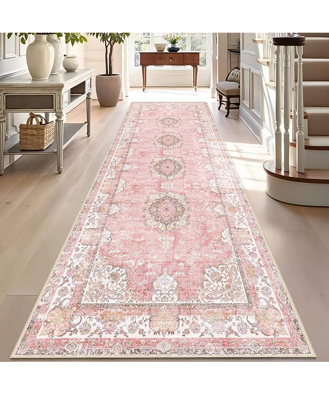 Washable Runner Rug 2'x8',Pink Rug Runners Non Slip,Long Boho Rugs for Hallways Kitchen Bathroom Bedroom Entryway,Vintage Bohemian Distressed Floor Carpet,Blush Floral Flowers