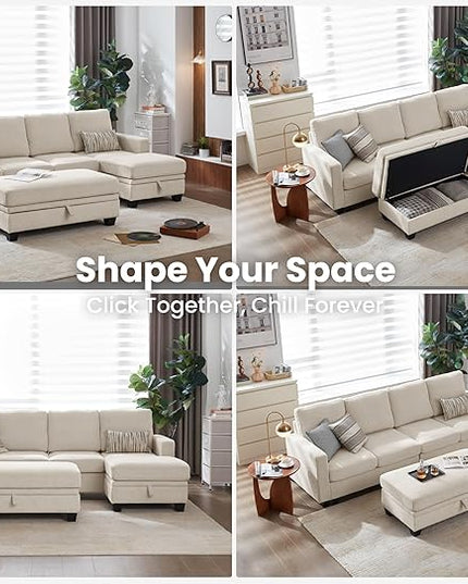 CHIC HOUSE Corduroy Modular Sectional Couch with Ottoman Chaise, L/U Shaped Sleeper Sofa for Living Room, Apartment, Lounge, Modern Armrest Neck Support Furniture (7 Seater Sectional, Beige)