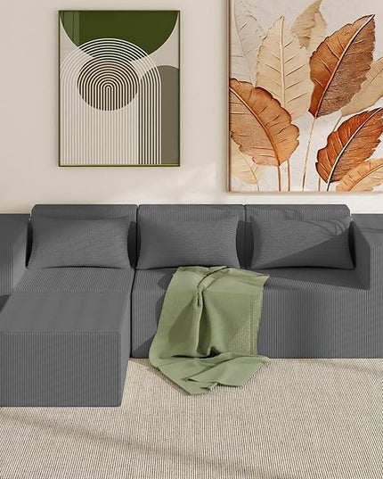 Minimalist Modular Corduroy Cloud Couch Sectional – Oversized Boneless Memory Foam Sofa for Living Room, Modern Comfy Couch, No Assembly Needed（101" L Shaped Sofa,Grey）