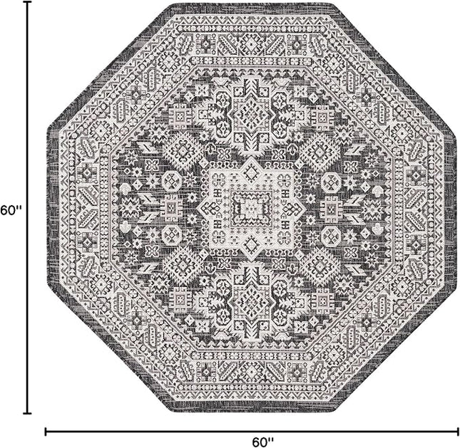 Rugs.com Outdoor Aztec Collection Rug – 5 Ft Octagon Charcoal Gray Flatweave Rug Perfect for Living Rooms, Kitchens, Entryways