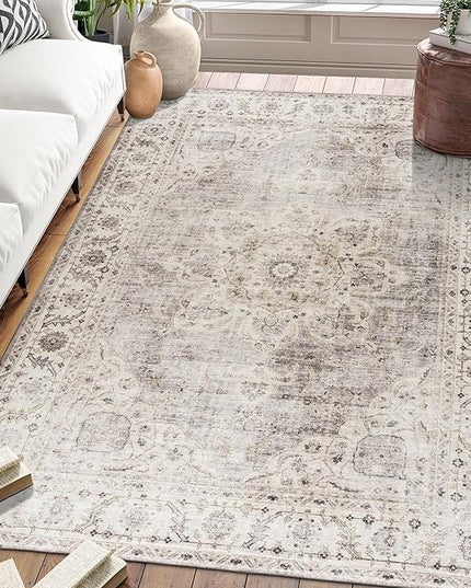 ReaLife Rugs Machine Washable Area Rug - Living Room Bedroom Bathroom Kitchen Entryway Office - Padded Low Pile Stain Resistant Premium - Boho Farmhouse Vintage - Joy - Beige Ivory 6' x 8'