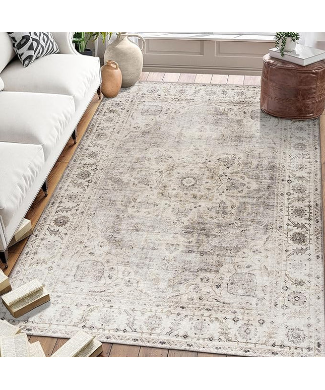 ReaLife Rugs Machine Washable Area Rug - Living Room Bedroom Bathroom Kitchen Entryway Office - Padded Low Pile Stain Resistant Premium - Boho Farmhouse Vintage - Joy - Beige Ivory 6' x 8'