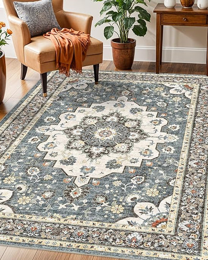 Washable Oriental Area Rug - 3x5 Rugs for Living Room Soft Carpet for Bedroom Waterproof Floral Distressed Indoor Stain Resistant Non-Shedding Floor Carpets (Blue, 3X5)