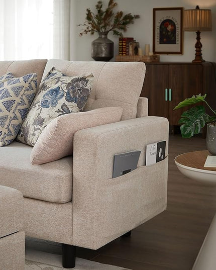 Convertible Sectional Sofa with Storage Ottoman Bench, 101" U Shaped Couch 4-Seat Sofa Set for Living Room/Apartment, Sectional Couch with Movable Ottoman, Beige