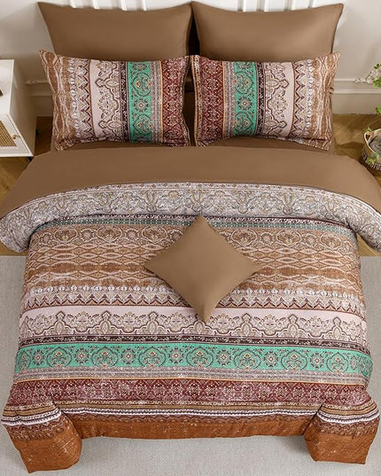 Cottolester Boho Comforter Set Full Size 8 Pieces, Brown Bohemian Striped Bed in a Bag, Paisley Soft Microfiber Bedding Comforter Set