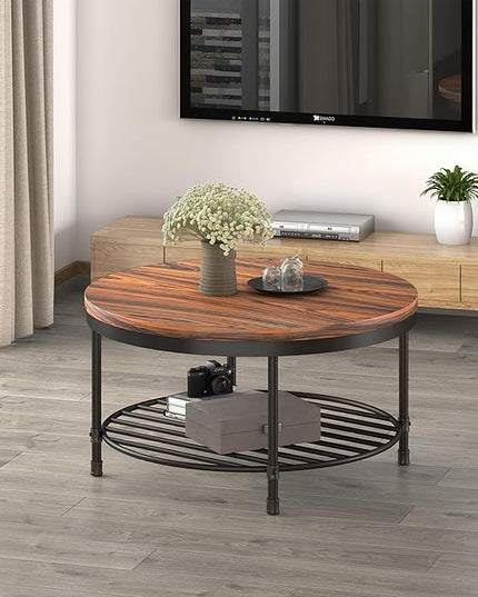 NSdirect 36" Round Coffee Table with Storage Shelf, Dark Grey Brown Vintage Wood Top & Metal Legs - 18.5" Height End Table for Small Spaces (Dark Red Brown)