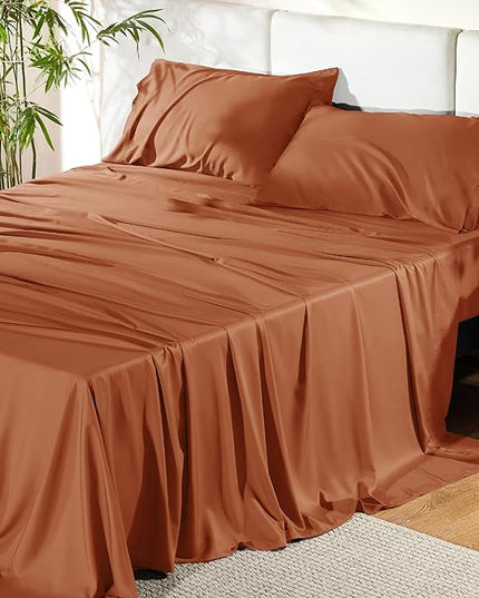 Bedsure King Size Sheets Set, Cooling Sheets for Hot Sleepers, Rayon Derived from Bamboo, Breathable & Soft, Deep Pocket Up to 16 Inches, Hotel Luxury Silky Bedding, Burnt Orange