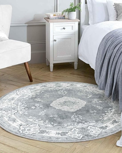 MUJOO Grey Round Rug 4ft,Circle Washable Area Rugs for Bedroom Living Room Bathroom,Vintage Bohemian Distressed Farmhouse Non Slip Circular Carpet,Floral