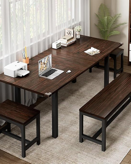 Feonase 5-Piece Dining Table Set for 4-8 People, 63" Extendable Kitchen Table Set with 2 Benches and 2 Square Stools, Dining Room Table with MDF Wood Board, Easy Clean, Dark Brown