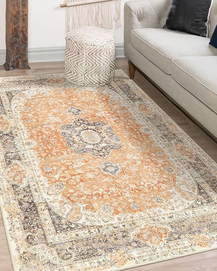 Boho Rug 3x5,Washable Area Rugs for Bedroom Living Room Kitchen Entryway,Small Vintage Bohemian Farmhouse Distressed Non Slip Carpet,Retro Orange Grey Floral