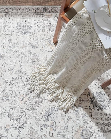 jinchan Kalen Area Rug 4x6 Washable Bedroom Rug Vintage Indoor Thin Floor Cover Retro Accent Mat Distressed Gray Floral Country Boho Non Slip Carpet for Living Room Kitchen Dining Room Office Grey