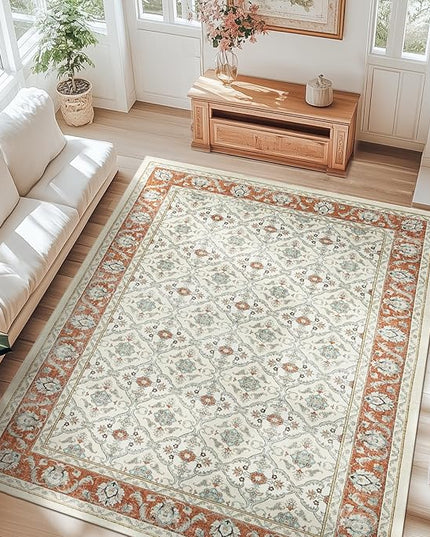 jinchan Area Rug 8x10 Living Room Rug - Washable Boho Vintage Floral Low Pile Thin Throw Non-Slip Non-Shedding Carpet for Bedroom, Dining Room, Office, Kitchen, Cream Orange Multi