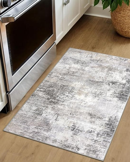 IOHOUZE Small Abstract Area Rug 2x3 Ft Entryway Rugs Washable Door Mat Indoor Entrance, Rubber Backed Throw Rugs, Printed Faux Wool Non Slip Floor Carpet for Foyer Front Door Sink, Grey Beige