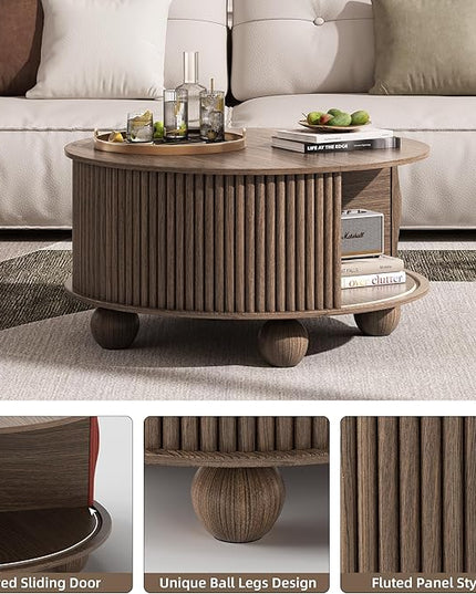 Round Coffee Table with Storage, 31.5" Circle Coffee Table with Sliding Door & Bun Feet, Fluted Center Table for Living Room, Home Small Space, Walnut