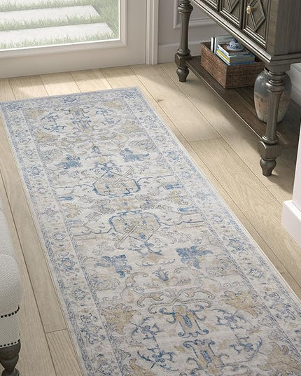jinchan Hallway Runner Rug 2x8 Machine Washable - Vintage Floral Non-Slip Low-Pile Soft Ultra-Thin Faux Wool Kitchen Rug Distressed Carpet Runner for Farmhouse Bedroom Laundry Room (2x8ft, Blue)