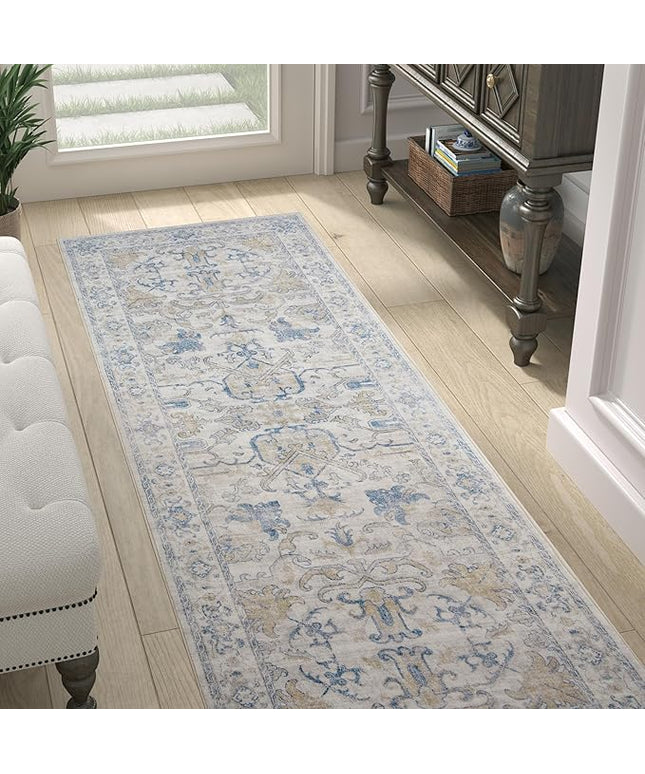 jinchan Runner Rug 2x5 Machine Washable Hallway - Vintage Floral Non-Slip Low-Pile Soft Ultra-Thin Kitchen Rug Distressed Carpet Runner for Farmhouse Bedroom Entryway Laundry Room(2x5ft, Blue)