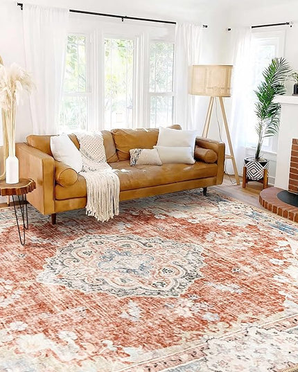 MUJOO 9’x12’ Area Rug Large Rugs for Living Room Orange Rug for Bedroom Dining Room Boho Rug Washable Rug Non Slip Big Carpet Abstract Soft Low-Pile Floral Flowers