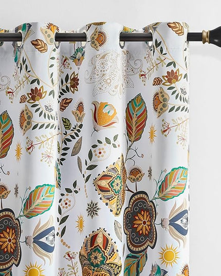 XiDi White Vintage Floral Blackout Curtains 2 Panels for Living Room Bedroom 84 Inches Long Boho Flower Leaf Patterned Curtains Thermal Insulated Mid Century Colorful Grommet Window Drapes 52x84