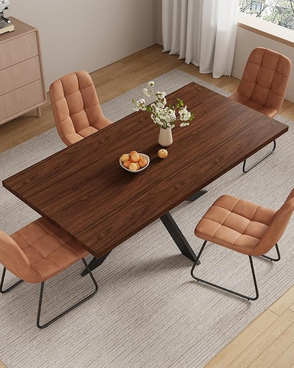 5-Piece Dining Table Set with 51"-67" Extendable Walnut Wood Table and 4 Brown PU Leather Chairs, Modern Rectangular Kitchen Table Set with Metal Legs, Space Saving Dining Room Furniture for 4