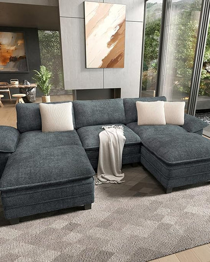 HERA'S HOUSE 124" Modular Sectional Sofa, Oversized U Shaped Couches for Living Room, Comfy Cloud Couch with Ottoman, 5-Seater Deep Seat Sofa with Throw Pillow, Chenille Blue