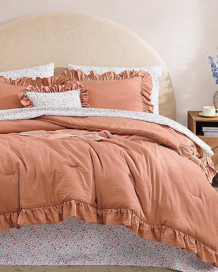 King Comforter Set - 7 Pieces Ruffle Autumn Leaf Bedding Sets, Shabby Chic Farmhouse Bed in a Bag King with Ruffle Comforter, Floral Sheets, Pillowcases & Shams