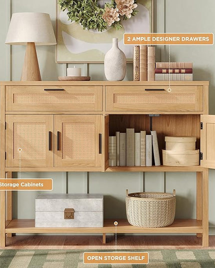 Maupvit Entryway Console Table with Large Storage Space, Sofa Table with Rattan Cabinet Doors, Buffet Table for Living Room, Hallway, Foyer Furniture for Home Decor, Nature Wood Color