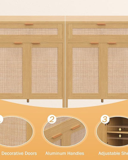 YOUDENOVA 60.3" Sideboard Buffet Cabinet, Rattan Storage Cabinet with 4 Doors & 2 Drawers, Boho Kitchen Cupboard Console with Adjustable Shelves for Dining Room, Living Room, Natural Oak