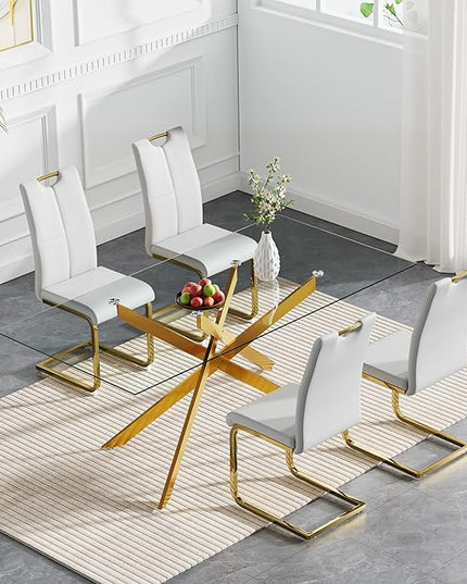 HomVent 5 Piece Rectangular Glass Dining Table Set, Rectangular Glass Kitchen Table Set for 4 with 4 PU Upholstered Dining Chairs for Kitchen Dining Room